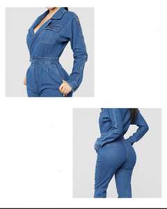 Combinaison décontractée en denim grande taille pour femmes avec manches longues barboteuses en jean respirant avec décoration de boutons - Product Image 3