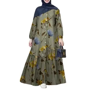 Muslim dress Middle East patchwork gowns large size women's long-sleeved cotton floral long dress woman