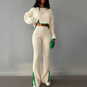 2023 Autumn Winter Knitted O-Neck Long Sleeve Sweater Top And Splice Pant Women Two Piece Pant Set