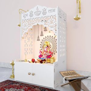 Mandir in Legno Personalizzato per <span class=keywords><strong>Casa</strong></span> con Ampio Ripiano e Luce Integrata, Mandir Bianco - Product Image 6