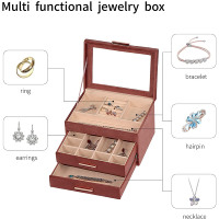 Organisateur de bijoux à 2 tiroirs pour femmes, couvercle en verre acrylique 3 couches Saffron rose velours bijoux vitrine cadeaux Vintage pour fille