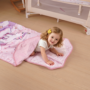 Tapis de sieste personnalisé pour garderie avec sangles élastiques pour <span class=keywords><strong>lit</strong></span> de crèche, couverture et oreiller en minky, matelas de sommeil licorne rose pour filles - Product Image 4