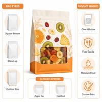 Op maat gedrukte vierkante bodemstaande pouch met ritssluiting en venster voor gedroogd fruit, snackverpakking, food grade