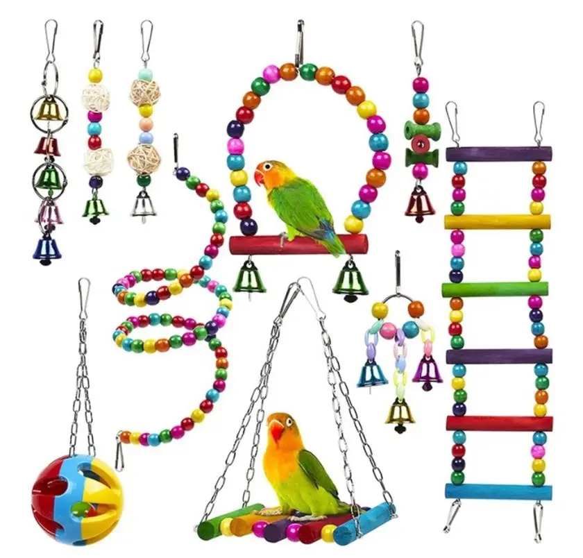 Penjualan Laris Mainan Burung Beo 10-Piece Set Aksesori Kandang Burung Ayunan Tangga Bola Rotan Tali Bel Tali Mainan Hewan Peliharaan