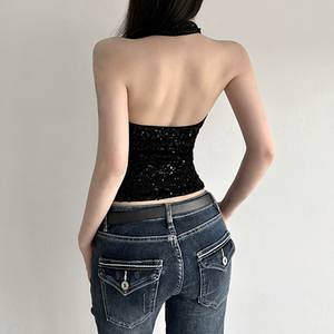 Top Halter Negro con Lentejuelas para Mujer 2026, con Escote en V Profundo y Espalda Descubierta, Ajustado, para Fiestas, Discotecas y Eventos Nocturnos - Product Image 5