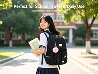 Sac à dos scolaire en nylon imperméable multi-poches pour ordinateur portable avec breloque pompon, sac à dos de voyage décontracté pour étudiants, adolescents et adultes