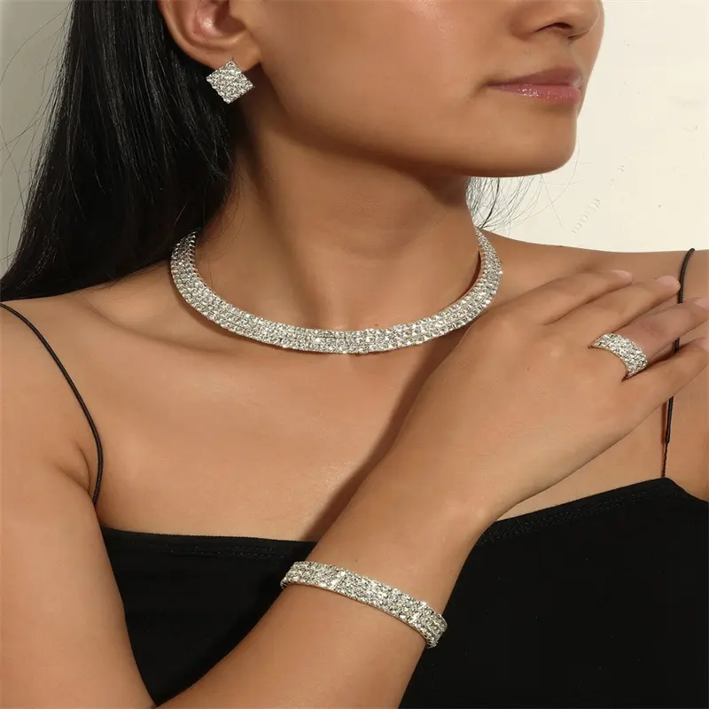 Conjunto de joias com strass para mulheres, pulseira indiana, acessórios de noiva, anel, brincos e colar