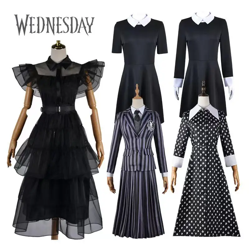 Black Cosplay TV Movie Halloween Wednesday Addams Family Dress Costume Wednesday Addams Costume For Girl Adult
