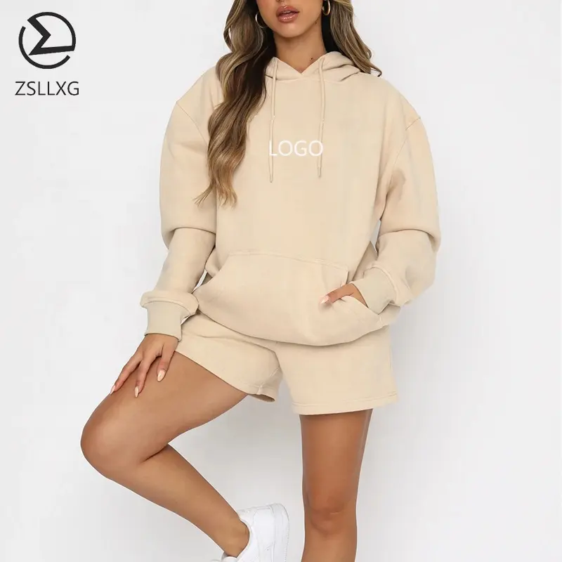 Wholesale Embroidered logo Oversized Cotton Hoodie and Shorts Jogger 2 pieces Set Tracksuit