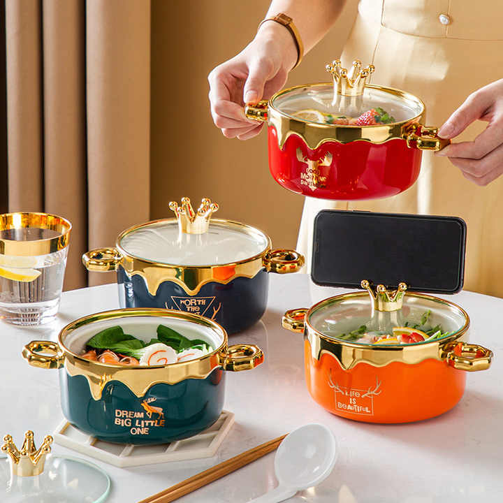 Binaural Instant Noodle Bowl Color Glazed Ceramic Bowls With Lid and Chopsticks Spoon