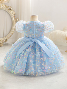 Vestido Elegante para Bebé Niña, Vestido de Tul Azul con Bordado Floral, Mangas Abullonadas y Lazo de Satén, Perfecto para Ocasiones Especiales - Product Image 4