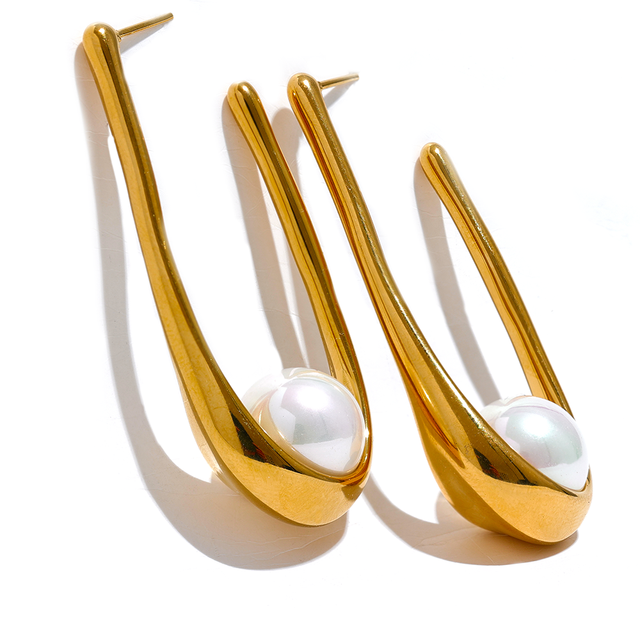 JINYOU 2574 Minimalist Stainless Steel Round Imitation Pearls Geometric Huggie Earrings Gold Silver Color Anti Allergic Jewelry