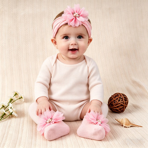 Accessoires pour <span class=keywords><strong>cheveux</strong></span> en fleurs doux et très élastiques, bandeaux turban avec chaussettes, ensemble cadeau pour bébé - Product Image 3