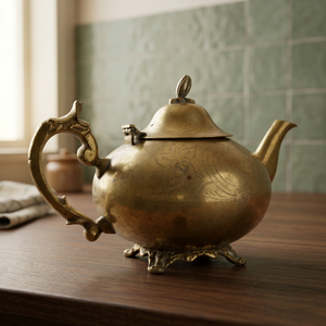 Vintage Brass Teapot With Lid And Handle Engraved Floral Design Water Pot <b>Kettle</b> - Product Image 2