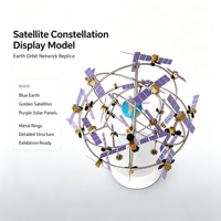 Model Tampilan Konstelasi Satelit dengan Bumi Biru, Satelit Emas, Panel Surya Ungu, Cincin Orbit Logam, dan Alas Putih