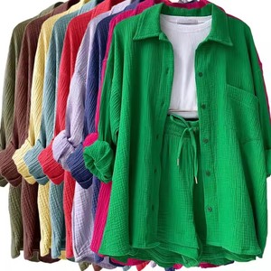 Completo Set Due Pezzi Casual da Donna <span class=keywords><strong>Primavera</strong></span> Autunno: Camicia a Maniche Lunghe con Colletto a Balze e Pantaloncini - Product Image 1