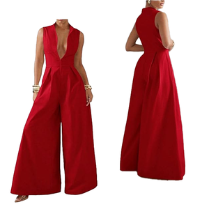 Jumpsuits Elegantes Rojos para <span class=keywords><strong>Mujer</strong></span> al por Mayor 2026 Sin Mangas con Cuello en V Profundo y Pierna Ancha para Fiestas, Eventos y Bodas - Product Image 1