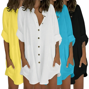 Vestido Camisero Casual Tejido para Mujer, Cuello Mao, Bolsillos, Manga Larga, Verano, Playa - Product Image 1