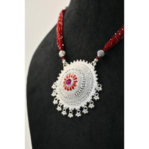 Vintage Ethnic <b>Silver</b> Plaster <b>Locket</b> Necklace Red Chain Flower Women's Engagement Anniversary Wedding Party Gift Statement - Product Image 2