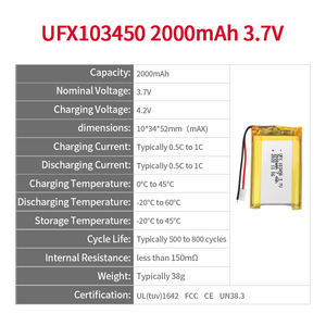 Batterie rechargeable au lithium-ion polymère de haute qualité UFX 103450 3,7 V 2000 <span class=keywords><strong>mAh</strong></span>, OEM personnalisé, UL1642 CE UN38.3, fabricant - Product Image 2