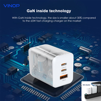 Chargeur rapide GaN Tech 65W à vente rapide avec 2 ports USB-C et 1 port USB-A, prise US, pour iPhone et Samsung
