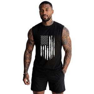 Débardeur sans manches noir pour homme avec imprimé drapeau américain, col rond, style décontracté, respirant, en coton - Product Image 1