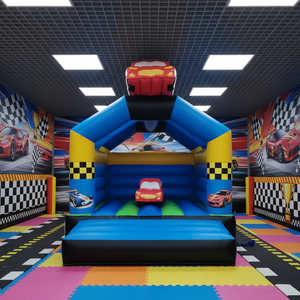 Château gonflable de course à chequers bleus et jaunes avec modèle de <span class=keywords><strong>voiture</strong></span> rouge pour les fêtes d'anniversaire des enfants en plein air et les événements de divertissement - Product Image 1