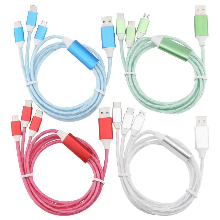 New Led Light Flowing Fast Usb Charging Cable Cell Phone Cord Charger Type C Usb-c Micro Usb 3 In 1 Cable