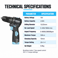 Perceuse à percussion sans fil 16V sans balais 50N.m 10mm certifiée CE pour percer des trous et construire des murs