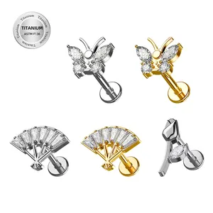 Custom Geometric White Zircon Cute Butterfly Flower Labret Earring Ear Stud Titanium Threaded 16g 18g Labret Piercing Jewelry