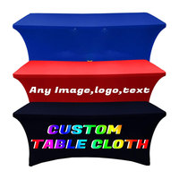 Housse de table sur mesure ajustée avec graphismes personnalisés pour stands de salons professionnels, expositions et comptoirs de vente au détail