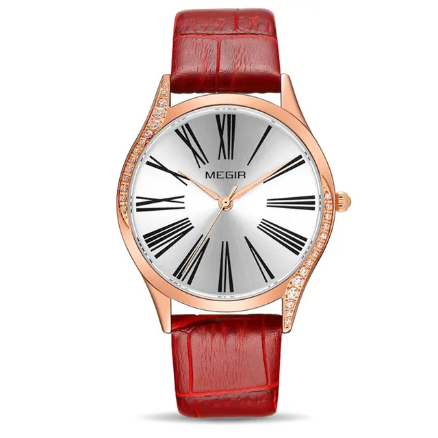 MEGIR 4212 accurate red ladies quartz watch original Genuine Leather Strap Waterproof small Simple Leisure hand watch