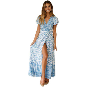 <span class=keywords><strong>Vestidos</strong></span> Elegantes de Primavera y Verano para <span class=keywords><strong>Mujer</strong></span>, Cuello en V, Estampados, Sexys, Largos, de Vacaciones, de Manga Corta - Product Image 1