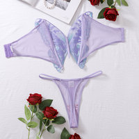Ensemble de Sextoys et de Lingerie avec Soutien-Gorge Invisible Sans Bretelles Brodé de Fleurs Papillon et String Perlé pour Femmes