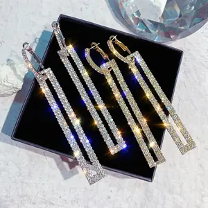 Brincos pendentes de cristal S925 Pin Geométrico Gancho de balanço com strass para mulheres