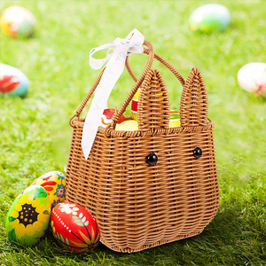 Keranjang penyimpanan berbentuk kelinci, wadah pembawa hadiah bunga buah plastik gagang bergerak panjang bahan rotan - Product Image 6