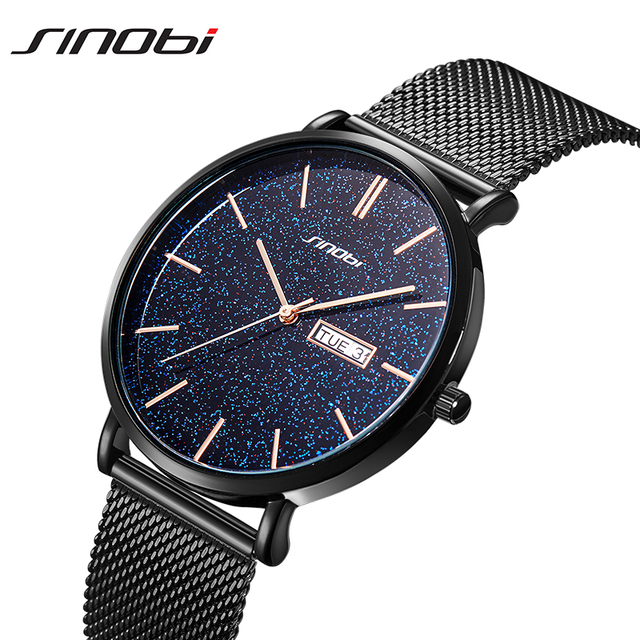 Sinobi Luxury Fashion Starry Sky Dial Men's Watch Ultra Thin Alloy Band SEIKO Quartz Movement 41mm 3ATM Waterproof Calendar