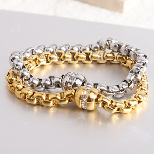 European American Fashion Stainless Steel <b>Bracelet</b> 7MM Square <b>Bead</b> Diamond Encrusted <b>Gold</b> Silver Women Gift Jewelry - Product Image 1