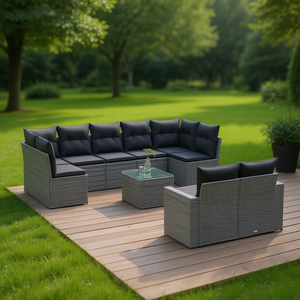 Ensemble de canapés de jardin en rotin gris 6 places, mobilier d'extérieur contemporain avec table en verre trempé - Product Image 2