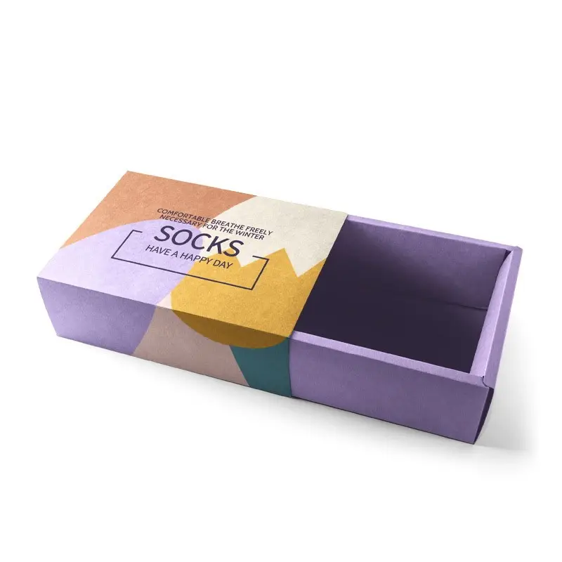Caixa de gaveta dobrável de papelão com estampa colorida personalizada para meias e meias, embalagem de mangas deslizantes, caixas de gaveta deslizantes