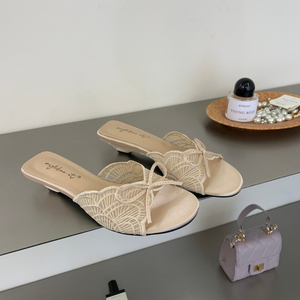Sandales pour femmes à talon incliné, style français délicat, avec nœud <span class=keywords><strong>en</strong></span> dentelle <span class=keywords><strong>en</strong></span> forme d'éventail et bout froncé - Product Image 2