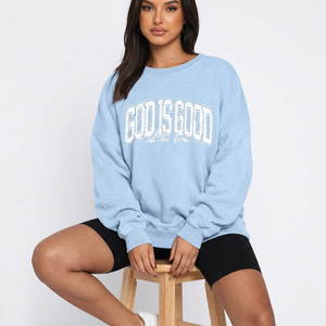 Sudadera informal extragrande para mujer con cuello redondo, estampado de letras en la parte delantera, hombros caídos, manga larga, tejido de nailon/algodón, color liso. - Product Image 5