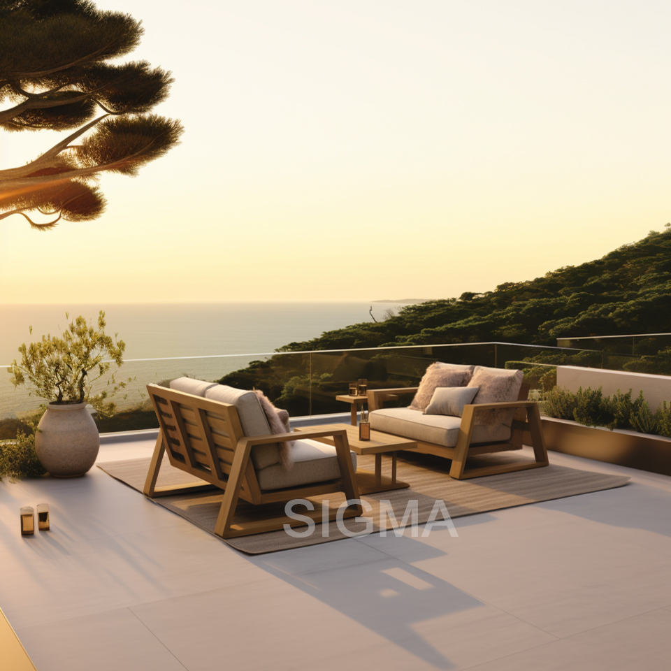 Luxury outdoor furniture table chair sofa set teak base waterproof fabric garden outdoor teak furniture