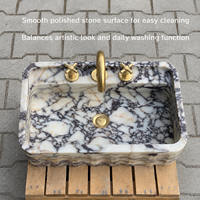 Lavabo rectangulaire en marbre Calacatta Viola personnalisé, à poser au mur, avec rainures, pour salle de bain de luxe