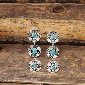 Vente en gros Western Cowboy Retro Turquoise Ethnique Exagéré Alliage Boucles d'Oreilles Pendantes Femmes Trois Concho Design Complexe Turquoise - Product Image 6