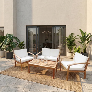Ensemble de canapés d'extérieur contemporains en bois avec coussins blancs pour mobilier de jardin et de terrasse - Product Image 1