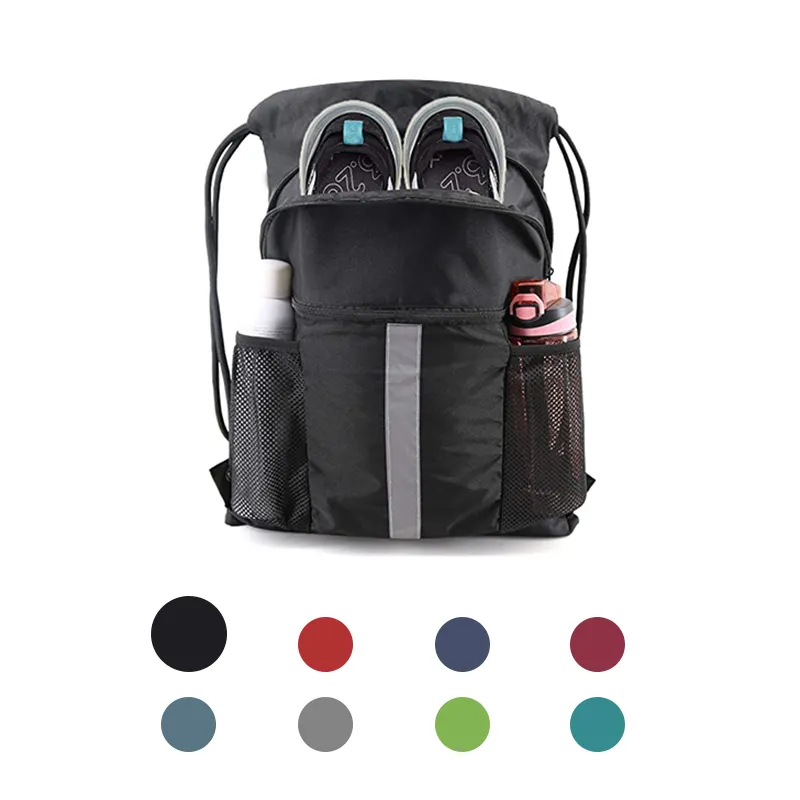 Custom Pattern Travel Drawstring Backpack Sports Gym Bag with Dry Wet Shoe Compartment and Two Water Bottle Holder