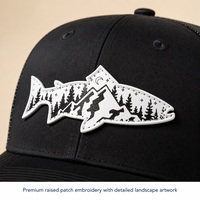 Casquette de camionneur OEM ODM avec patch paysage naturel poisson truite, broderie 3D, maille, snapback, 6 panneaux, coton, petit MOQ, Barudan, DDP, expédition rapide