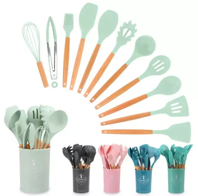 Kitchen gadgets silicone cooking used kitchen 11pcs wooden utensils cooking tools silicone and bamboo kitchen utensils set