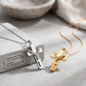 Colgante Conmemorativo de Acero Inoxidable 316L con Doble Cruz y Amuleto de Mascota, Estilo Europeo Americano, con Zirconia y Oro Rosa - Product Image 1